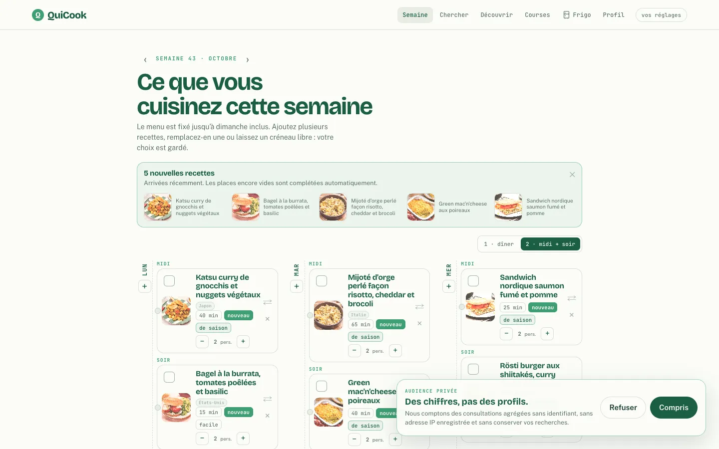 QuiCook : menu de la semaine